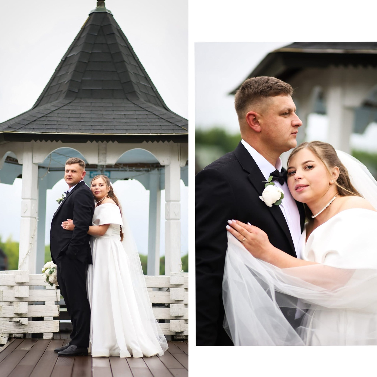 Весільна фотозйомка — молодята біля альтанки